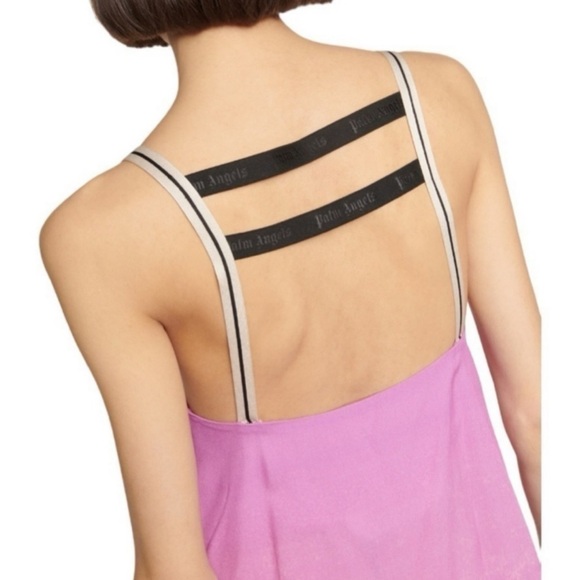 Palm Angels Pink Sunset Satin Slip On Palm Print Midi Slit Logo Dress Size 4 NEW - Picture 10 of 14